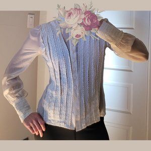 High-Collared Sheer White Lace Button-Up Blouse